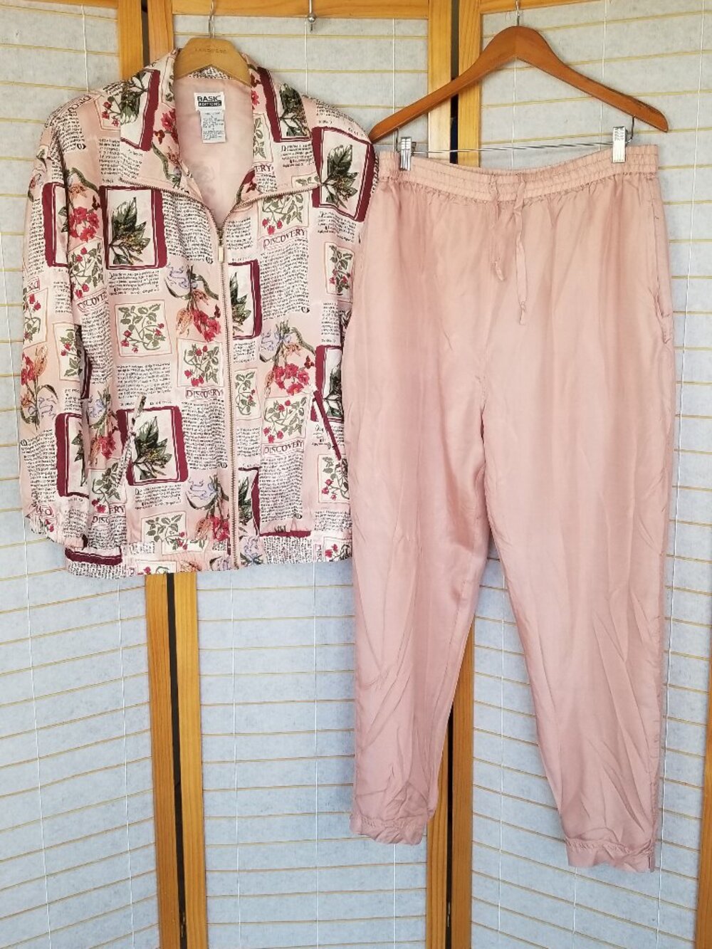 Vintage 90s Silk Track Suit Pink Floral Size Large Golden Girls Pants and Jacket